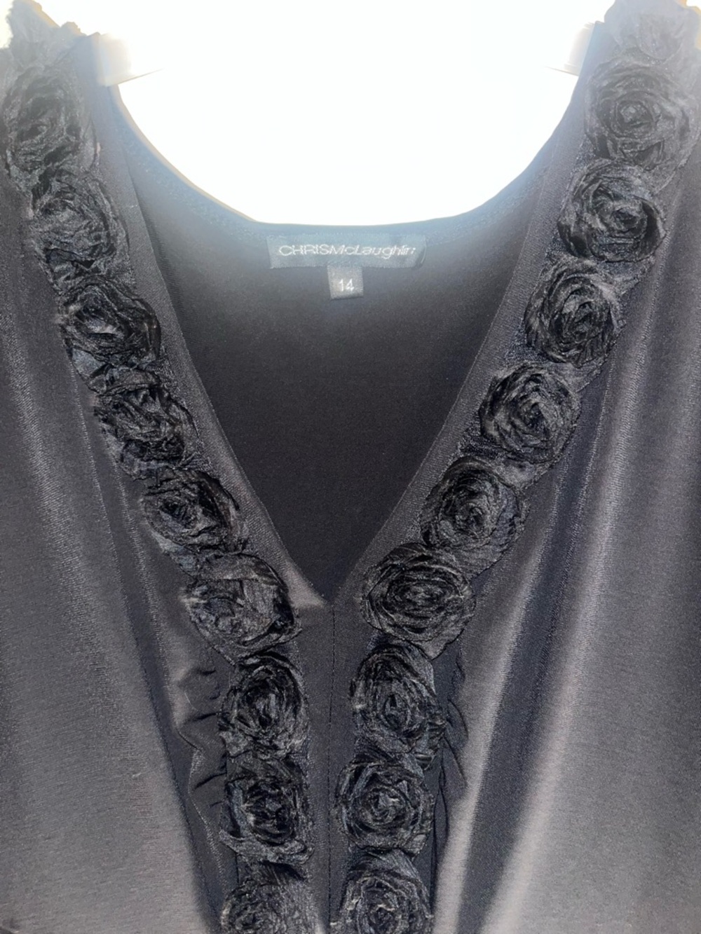 CHRIS McLAUGHLIN Black V-Neck Rose Trim Top